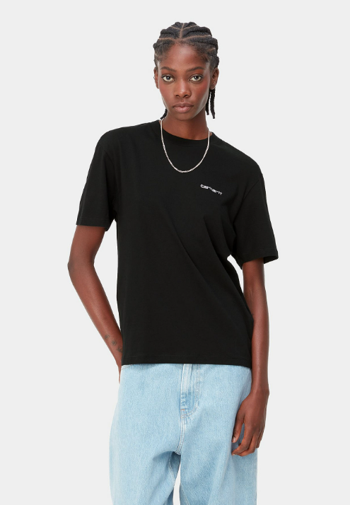 W' S/S Script Embroidery T-Shirt - Black/White